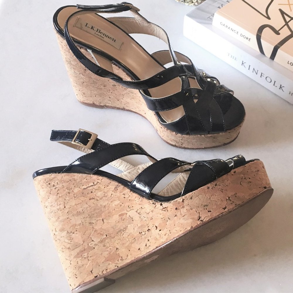 LK Bennett navy patent leather & tan / beige cork wedge platform sandals / shoes